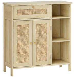 HOMCOM Credenza in legno con 2 porte in rattan, cassetto, nicchie aperte e mensole regolabili, 75x30x79,5cm, Legno naturale | Aosom Italy