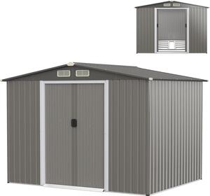 Capanno in metallo, casetta da giardino con fondamenta e tetto a due falde, ripostiglio con 2 porte scorrevoli e 4 finestre di ventilazione, capanno da giardino per esterni, 260 x 207 x 181 cm (grigio scuro)