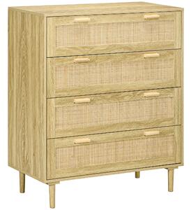 HOMCOM Cassettiera Mobile 4 Cassetti, Stile Boho in Legno e Rattan, al muro, per soggiorno, camera e ingresso, 90x45x108.5cm, Rovere|Aosom Italy