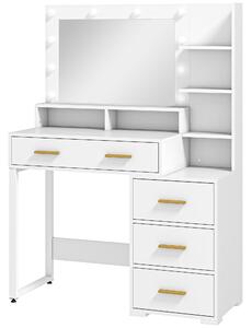 HOMCOM Tavolo da Trucco in Legno con 4 Cassetti, 6 Ripiani Aperti e Specchio, 100x40x138 cm, Bianco|Aosom