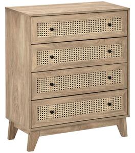 HOMCOM Cassettiera con 4 Cassetti e Inserti in Rattan Stile Boho, 80x35x95 cm, Legno Naturale | Aosom Italy
