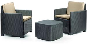 Trinacria - Salottino da giardino in polyrattan con 2 poltrone + tavolino contenitore. Set lounge da esterno color antracite fornito con 2 cuscini color crema