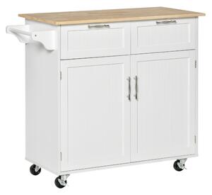 HOMCOM Carrello da Cucina Multiuso in Legno con 2 Cassetti, Armadietto e 4 Ruote, 104x46x91cm, Bianco|Aosom