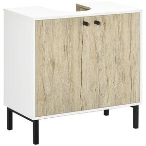 Kleankin Mobile Bagno Sotto Lavabo a 2 Ante con Ripiano Interno in Truciolato e Acciaio, 60x30x60 cm, Bianco e Rovere|Aosom