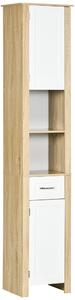Kleankin Mobile Bagno Alto in Truciolato con un Cassetto, 2 Armadietti e 2 Ripiani Aperti Regolabili, 37x30x184 cm, Bianco e color Legno|Aosom