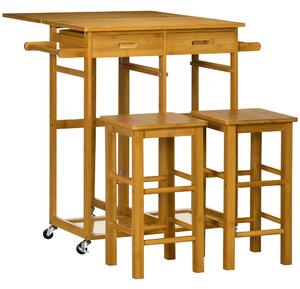 HOMCOM Carrello da Cucina con Tavolino Pieghevole e 2 Sgabelli, Ruote e Cassetti in Legno di Bambù | Aosom Italy
