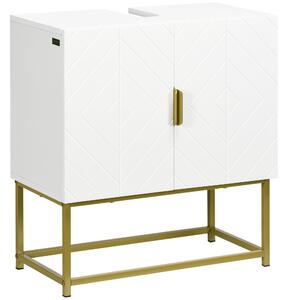 Kleankin Mobile Bagno Sottolavabo in Legno e Acciaio con Armadietto 2 Ante Spazioso 60x30x65cm Elegante Bianco e Oro per Arredo Bagno Moderno|Aosom