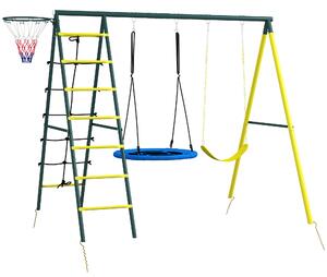 Outsunny Set Altalene da Giardino Rotonda e Classica, Scalette in Acciaio e Corda e Canestro per Bambini 3-8 Anni|Aosom