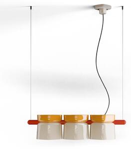 Lampadario Decò Yakitori Ceramica Giallo Crema Metallo Rosso 3 Luci E27