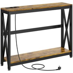 HOMCOM Tavolo Moderna da Ingresso Stile Industriale con Prese di Corrente e USB, Consolle Legno e Acciaio, 100x24x75cm, Marrone