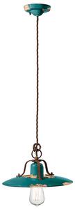 Lampadario Vintage Country Ferro E Ceramica Verde 1 Luce E27 30Cm