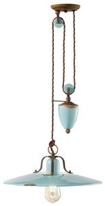 Lampadario Vintage Country Saliscendi Ferro E Ceramica Azzurro 1 Luce E27