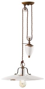Lampadario Vintage Country Saliscendi Ferro E Ceramica Bianco 1 Luce E27