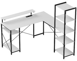 HOMCOM Scrivania Angolare con Presa Elettrica e USB, Scaffale e Supporto per Monitor, Bianco e Nero