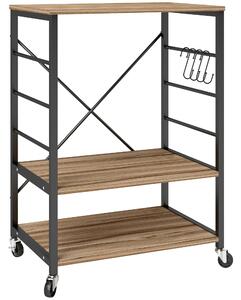 HOMCOM Scaffale da Cucina a 3 Livelli con Ruote e 4 Ganci, Industriale e Struttura in Acciaio,Telaio del carrellino, 60x40x84cm, Teak|Aosom Italy