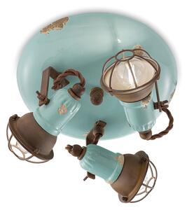 Plafoniera Vintage Loft Ferro E Ceramica Con Rete Azzurro 3 Luci E14