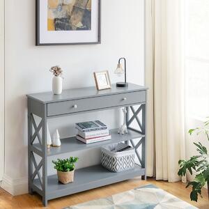 Costway Tavolo da ingresso per salone e corridoio con 1 cassetto e 2 mensole, Tavolino da parete con 3 livelli Grigio