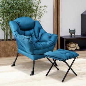 Costway Poltrona pigra con cuscino braccioli tasca laterale poggiapiedi, Poltrona da lettura moderna Blu