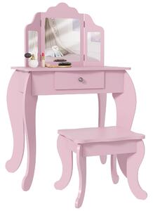 HOMCOM Tavolo da Trucco per Bambini con Sgabello e Triplo Specchio, in Legno e Acrilico, 63x40x85.5 cm, Rosa | Aosom Italy