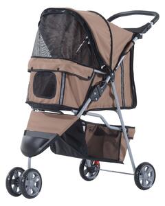 PawHut Passeggino per Cani Piccoli Pieghevole, Carrozzina per Cani con Ruote con Freni,Cestino Portaoggetti e Imbottitura Lavabile,Carico 10 kg,Caffè