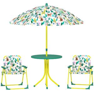 AIYAPLAY Set da Giardino per Bambini a Tema Giungla con 2 Sedie Pieghevoli, Ombrellone e Tavolino Rotondo, Multicolore | Aosom Italy