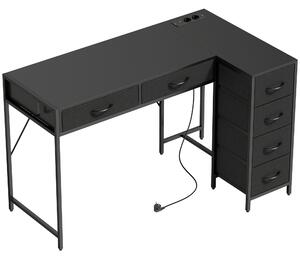 HOMCOM Scrivania Angolare a 6 Cassetti con Gancio Laterale e Prese Integrate, in Legno e Acciaio, 126x48x80 cm, Nero | Aosom Italy