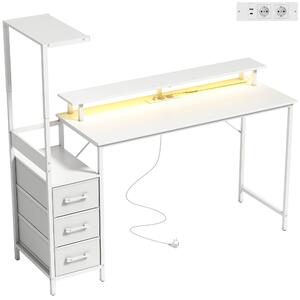 HOMCOM Scrivania Gaming 147 cm, Tavolo per Computer con Supporto CPU Regolabile e Reversibile, Luci RGB, Prese di Alimentazione, Porte USB e USB-C, Supporto Monitor e 3 Cassetti in Tessuto, Bianco | Aosom Italy