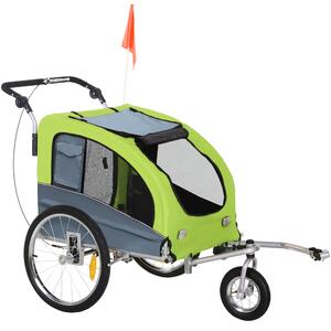 PawHut Rimorchio Bici per Cani Taglia Media a 2 Ingressi con Finestrelle e Tettuccio Apribile, 126-155x83x108 cm, Verde