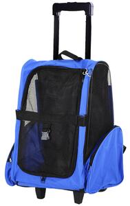PawHut Trasportino Zaino 2 in 1 per Cani e Gatti con Tasche Laterali, Maniglia Telescopica e Ruote, 42x25x55cm, Blu|Aosom