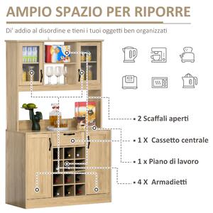 HOMCOM Mobile Cucina con Cassetto, 4 Armadietti, Mensole e Portabottiglie, Credenza Alta in Legno, Rovere, 106x48x180cm