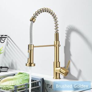 Miscelatore per cucina monocomando, con arco alto, doccetta estraibile, realizzato in acciaio inossidabile 304, per acqua calda e fredda, da montare su piano di lavoro, finitura oro spazzolato