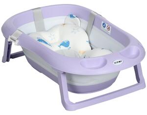 ZONEKIZ Vaschetta Bagnetto Pieghevole Bambini 0-6 Anni con Cuscino e 2 Ripiani, 83x48x23.5 cm, Viola e Bianco|Aosom