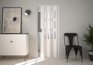 Porta a Soffietto da Interno Maya 83x214 cm Made in Italy in PVC con Vetro Satinato Bianco Pastello