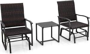 Set da 3 sedie a dondolo da giardino, sedie a dondolo in vimini e rattan con base in vetro temperato, seduta imbottita in schiuma, set di sedie a dondolo con struttura in metallo