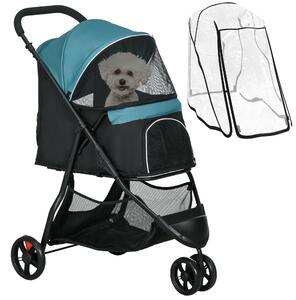 PawHut Passeggino per Cani Piccoli Pieghevole a 3 Ruote con Copertura Antipioggia e Cestino, Verde Scuro