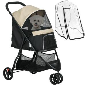 PawHut Passeggino per Cani Piccoli Pieghevole a 3 Ruote con Copertura Antipioggia e Cestino, Cachi
