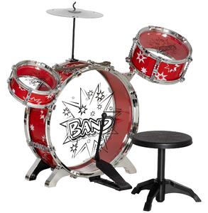 AIYAPLAY Batteria per Bambini 3-6 Anni a 7 Pezzi con Sgabello e Bacchette, in Plastica e Metallo, 72x29x56 cm, Rosso