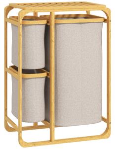 HOMCOM Cestino Portabiancheria in Bambù con 3 Sacchi e Ripiani Estraibili in Tessuto, 50x32x69.7 cm, color Bambù e Crema