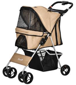 PawHut Passeggino per Cani Taglia Piccola e Mini Pieghevole con Cestino e Portabicchiere, 75x46x94 cm, Caffè