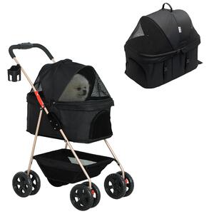 PawHut Passeggino per Cani 3 in 1 Pieghevole con Borsa Trasportino e Cestino Inferiore, Nero