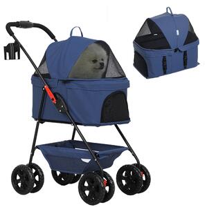 PawHut Passeggino per Cani 3 in 1 Pieghevole con Borsa Trasportino e Cestino Inferiore, Blu