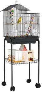 PawHut Gabbia per Uccelli con Piedistallo, Ruote Girevoli, Ripiano e Accessori, 46x36x120 cm, Nero