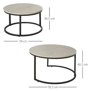 HOMCOM Set da 2 Tavolini da Caffè Sovrapponibili Rotondi in Metallo e MDF Effetto Marmo, Grigio e Nero