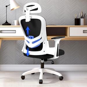 Sedia da ufficio ergonomica, dotata di supporto lombare, braccioli e poggiatesta regolabili, realizzata in tessuto a rete traspirante, ideale per