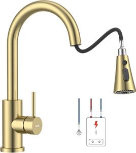 Rubinetto da cucina a bassa pressione, finitura oro spazzolato, estraibile, con 3 getti, rotazione a 360°, ideale per la cucina