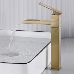 Rubinetto alto per lavabo, miscelatore monocomando, girevole a 360°, finitura dorata spazzolata, per bagno