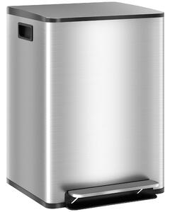 HOMCOM Bidone Immondizia a 2 Sezioni da 20L a Pedale con Coperchio Silenzioso, in Acciaio Inox e PP, 41.8x36.7x58 cm