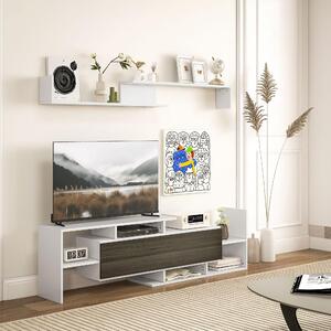 DecHome Parete Attrezzata Moderna Mobile TV + 1 Mensola Dimensioni 153.6x25x42/150x14.5x16.3 cm colore Legno/Bianco