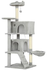 PawHut Albero Tiragraffi per Gatti Alto 140 cm con 2 Casette, Amaca, Lettino e Pali in Sisal, Grigio | Aosom Italy