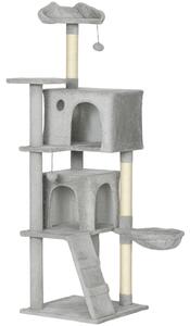 PawHut Albero Tiragraffi per Gatti Alto 160 cm con 2 Casette, Amaca, Lettino e Pali in Sisal, Grigio | Aosom Italy